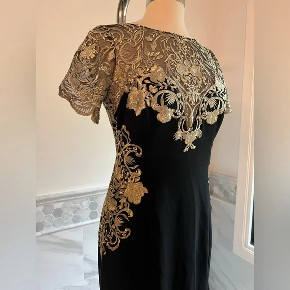 Marchesa Notte Mermaid Black Stretch Crepe and Gold Lace Embroidered Ball Gown 8 - Picture 5 of 16